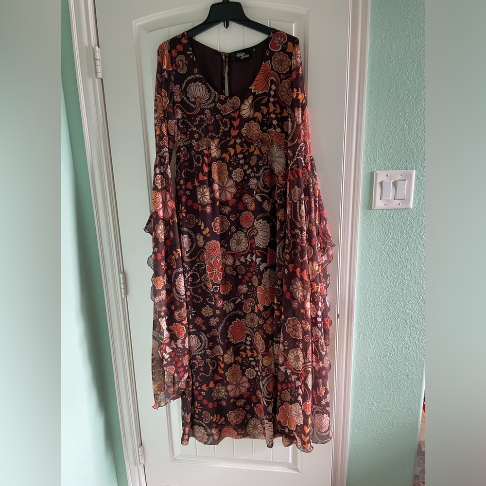 Brown Floral Hippie Shake Bell Sleeve Dress, 70s style dress